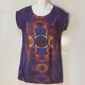 Angie Silky Blue Print back cut out dress Y2K Art to Wear Boho Graphic 80's Chic